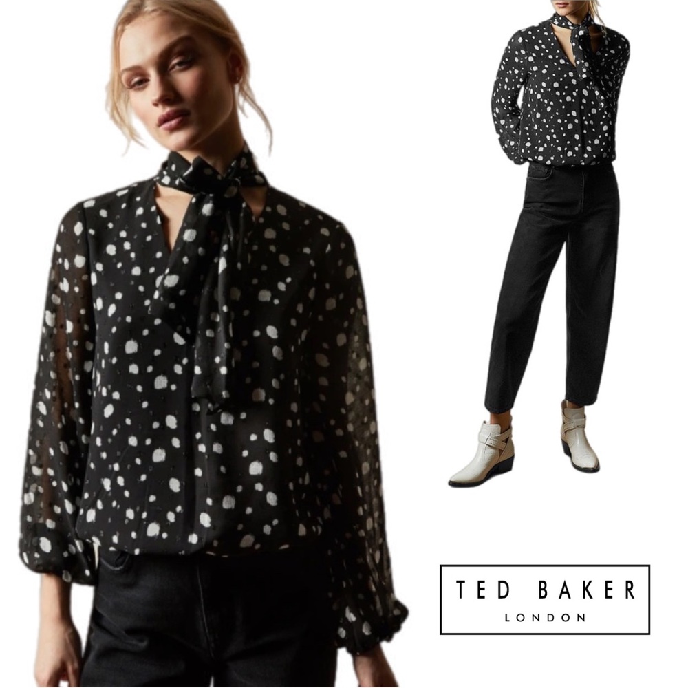 NEW Ted Baker Therra Polka Dot Tie Neck Blouse